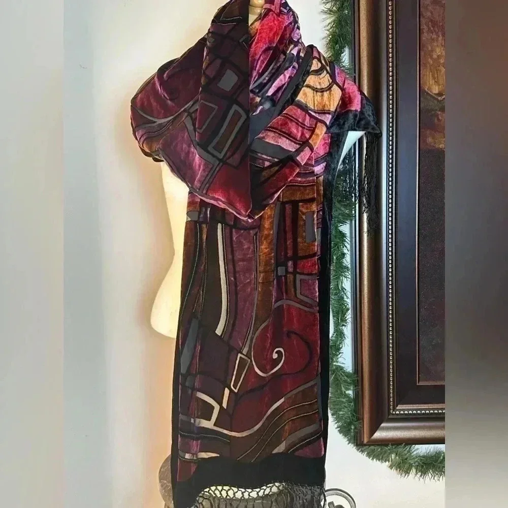 CCC Silk Bottom Rayon Top Fringed Scarf Abstract Geometrical Shimmer